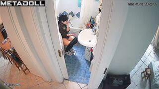 Brunette washed her hands thoroughly after peeing