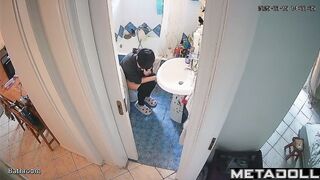 Brunette washed her hands thoroughly after peeing