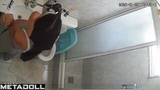 Pregnant beauty's peeing right now and doesn't know her ex is watching her