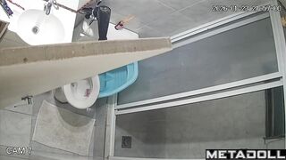 Solo toilet scene - pregnant babe's being watched and she doesn't know it