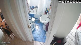 Brunette decided to relax on the toilet after cleaning