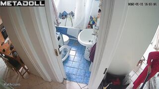 Brunette decided to relax on the toilet after cleaning