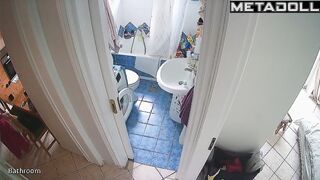 Brunette decided to relax on the toilet after cleaning
