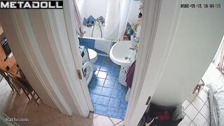 Brunette decided to relax on the toilet after cleaning