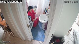 Brunette decided to relax on the toilet after cleaning