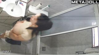 Pregnant woman peeing and people are watching her