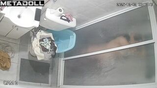 Pregnant brunette decided to freshen up in the bathroom