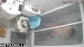 Pregnant brunette decided to freshen up in the bathroom