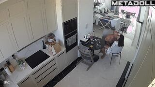 Bald sexy husband fucking his beauty wife right on the kitchen chair