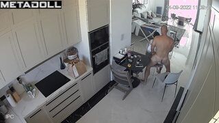 Bald sexy husband fucking his beauty wife right on the kitchen chair