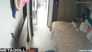Girl tries to take off her pants while holding onto her lover's dick