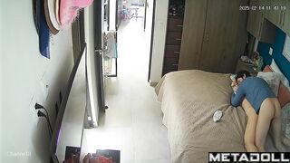 Girl tries to take off her pants while holding onto her lover's dick