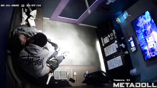 An Asian girl gives a shy guy a blowjob right in a karaoke lounge