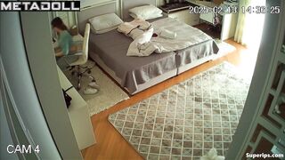 After a phone call, a young student secretly masturbates