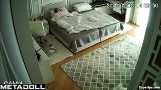 After a phone call, a young student secretly masturbates