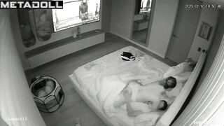 A beauty won't let her husband watch TV, holding her bare breasts up to him