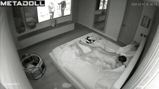 A beauty won't let her husband watch TV, holding her bare breasts up to him