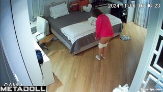 A cute college girl pulls down her panties, revealing her shaved pussy