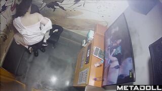 A tired Asian girl gets turned on next to her boyfriend in a karaoke room