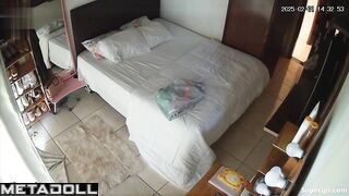A horny, bearded man is fucking his chubby wife in the mouth