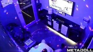 A guy is trying to sing karaoke while a cute Asian girl gives him a blowjob