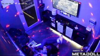 A guy is trying to sing karaoke while a cute Asian girl gives him a blowjob
