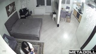 Stepping out of the shower in panties, the brunette admires her sexy ass