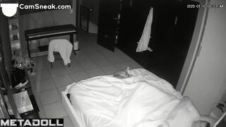 Husband closes the bedroom door so no one can hear the moans during sex