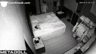 Wife plays with her husband's cock, pressing his hand against her hot cunny