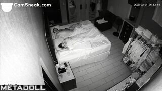 Wife plays with her husband's cock, pressing his hand against her hot cunny